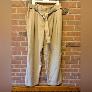 Anthropologie Maeve Tan High Rise Straight Leg Tailored Belted Trousers Size 10